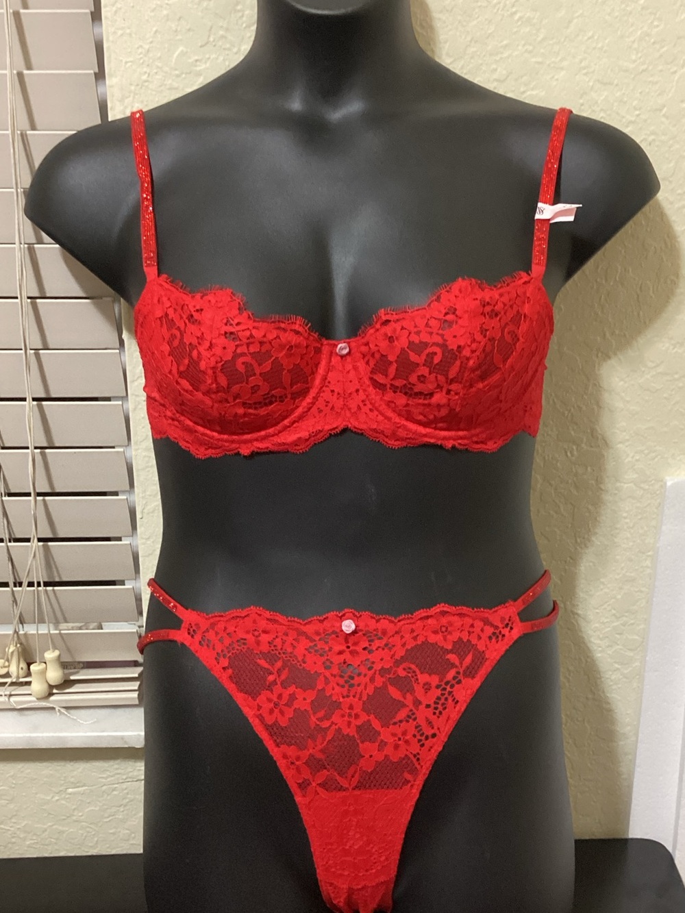 Victoria's Secret Red Lace Balconette Bra & Strappy Thong Set